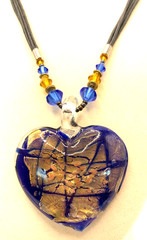 Hand Blown Art Glass Murano Style Heart Glass Pendant Necklace Dark Blue/Gold