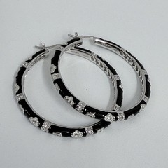 Lauren G Adams Large Enamel Hoop Earrings Black CZ’s Silver Tone Metal Pierced