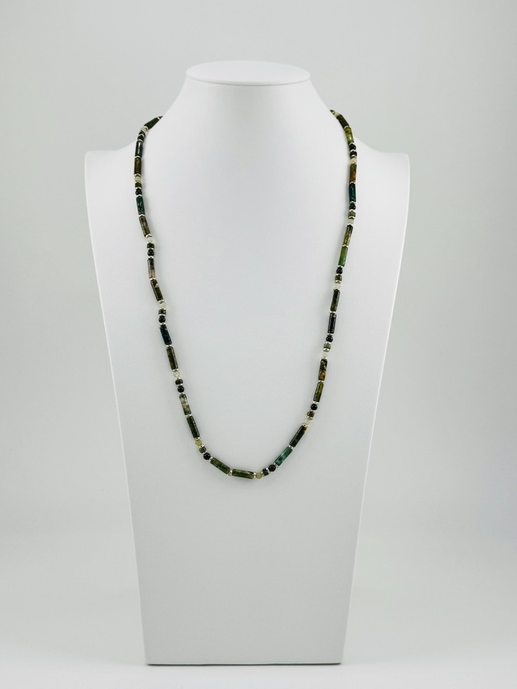 GREEN INDIAN AGATE Tube Cylinder Beads Unisex Necklace 27.5” Stainless