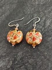 Sterling Silver 925 Gold/Coral Artisan Boho Lampwork Glass Drop Earrings