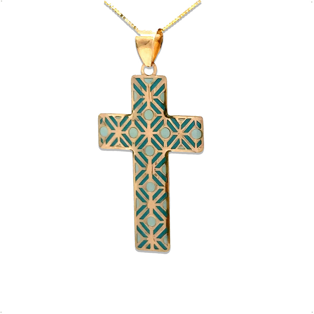 14K Solid Gold Pink Blue Cross Pendant Necklace Enamel Hand-Painted – Gift