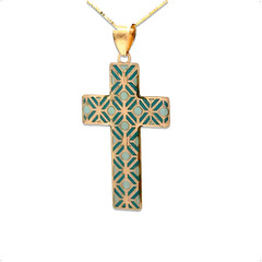 14K Solid Gold Pink Blue Cross Pendant Necklace Enamel Hand-Painted – Gift
