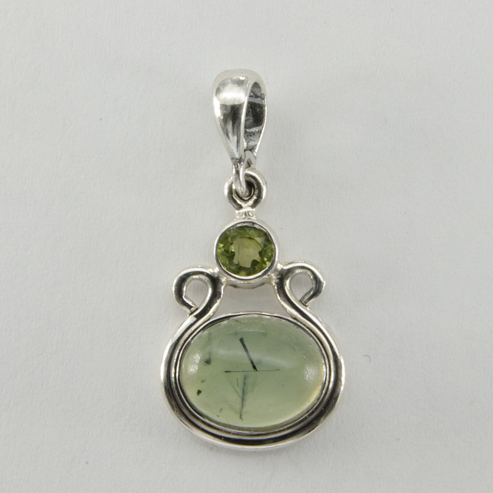925 Sterling Silver Oval Green Prehnite and small Round Peridot Teardrop Pendant