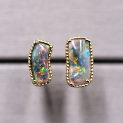 Asymmetrical Rectangle Shaped Australian Black Opal Stud Earrings 18K Gold