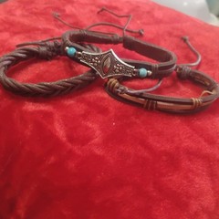 Brown Leather Cord Bracelet Set with Turquoise Beads, Charms, Adjustable