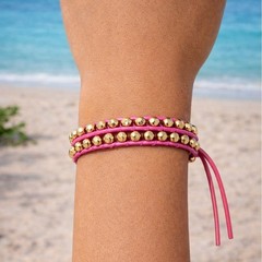 Bali Pink Leather Wrap Bracelet Gold Beads Boho Adjustable Handmade