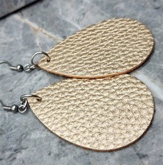 Shimmering Pale Gold Teardrop Shaped FAUX Leather Earrings