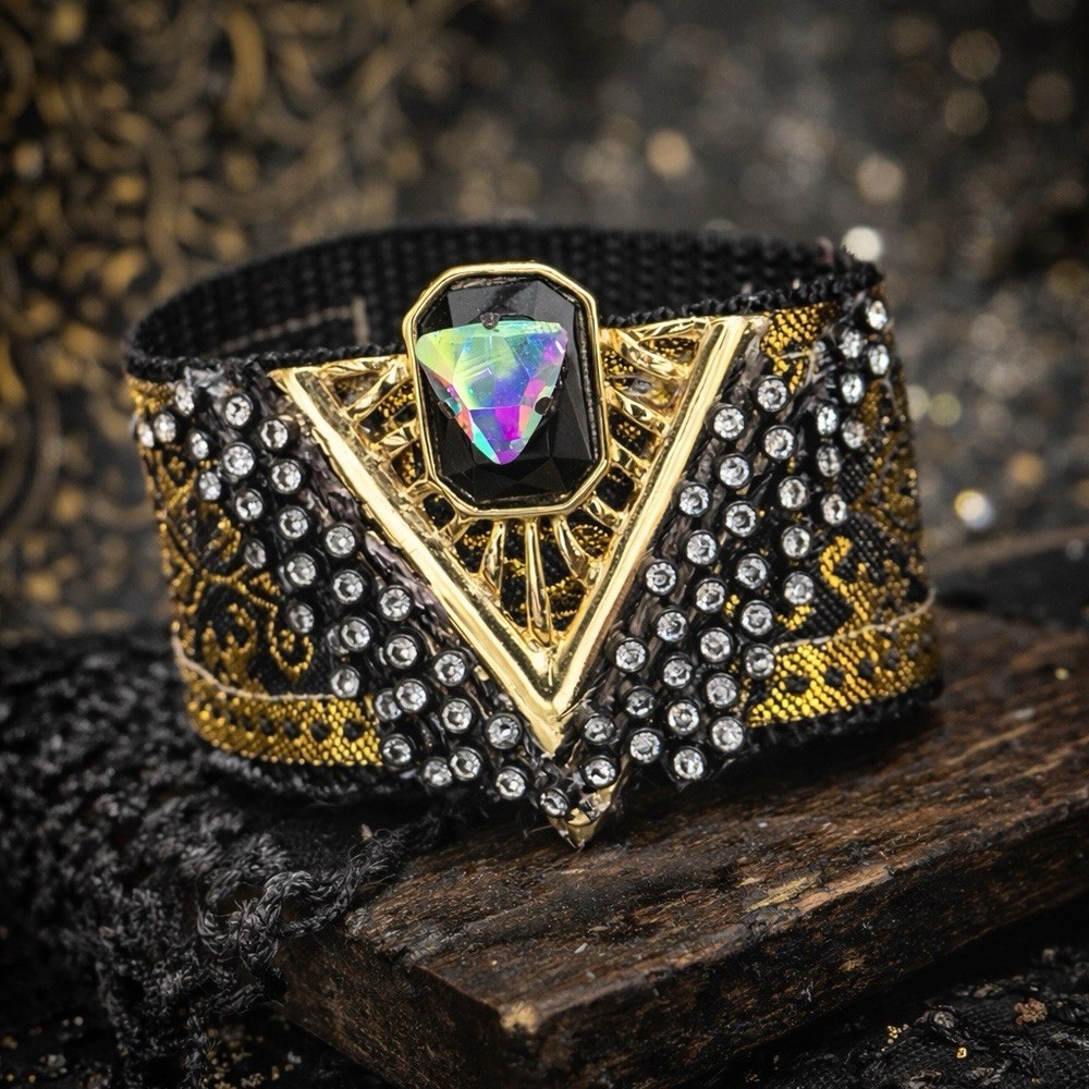 Artisan Cuff Bracelet Egyptian Style Jewelry Black And Gold Textile Handmade