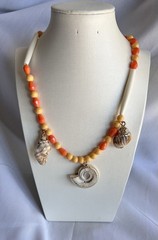 Handcrafted Orange Beige White Shell Beaded Necklace Charm Pendant Beach Jewelry