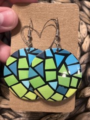 Large Round Abstract Green & Blue Broken Piece Earrings NEW