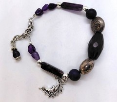 Amethyst bracelet silver tone crescent moon charm