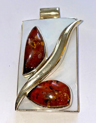 Baltic Amber and Mother Of Pearl Hand Crafted Pendant 27Gr Sterling Silver .925