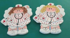 2 Hand Painted Wood brooch pin female nurses whimsical signed by artist