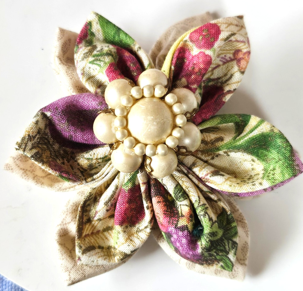 Hand-Crafted Fabric Flower Brooch – 3.5″