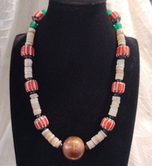 Tribal Copper Red Striped Glass Trade Beaded Natural Wood Necklace