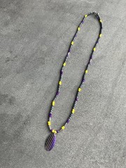 Gray with purple and yellow fishing lure Handmade glass seed bead necklace 25”.