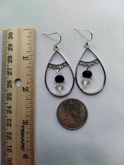 Black Clear Crystal Glass Beaded Teardrop Hoop Earrings Handmade Silver Tone