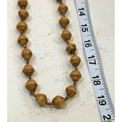 Tan Paper Bead Long Necklace Boho Wood Grain Style Gold Spacers 39 Inch