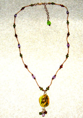 ARTISAN MADE COPPER WIRE and GOLD & LAVENDER GLASS BEADS PENDANT NECKLACE – 16″