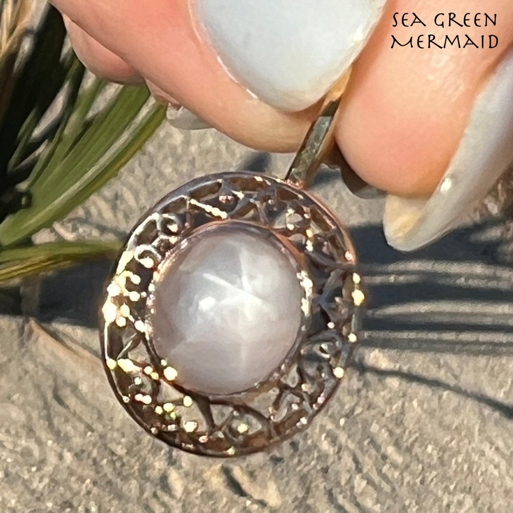 10k Gold Gray Lavender Star Sapphire Antique Filigree Pendant *Video* B