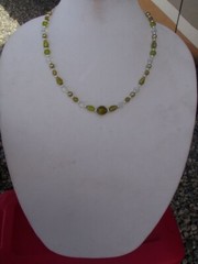 Handmade Short Necklace of Olive Green and Clear Glass with Silver Metal Beads