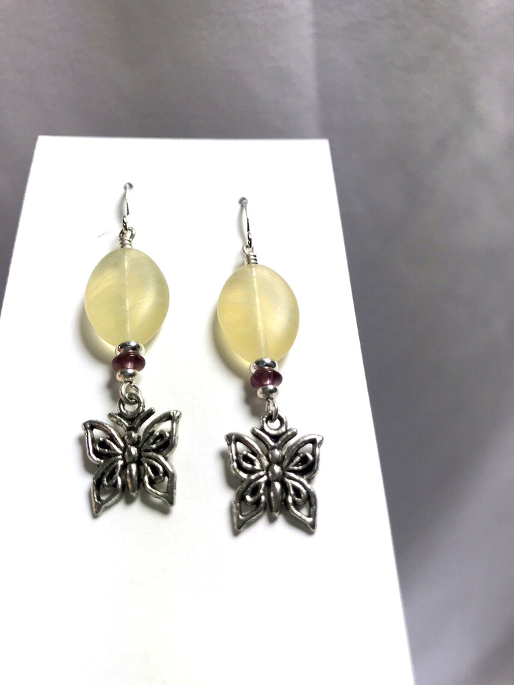 Handmade Light Yellow Glass Bead with Beautiful Butterfly, Silver Plated Hooks