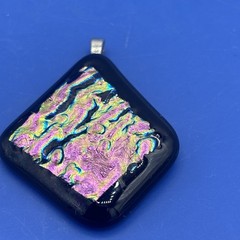Handmade Dichroic Fused Glass Pendant Black Iridescent Pink Green 1.75”