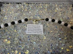 Handmade Black Onyx & White Stone Bead Necklace 18k Gold Plated Earrings Z