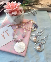 Vintage Jewelry Set, Purple Glass Bead Necklace, MOP Shell Pendant Hoop Earrings
