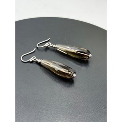 Artisan Sterling Silver Faceted Smokey Quartz Briolette Long Dangle Earrings