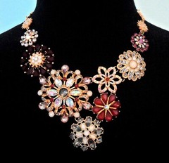 Rhinestone Flower Bib Necklace Large Floral Cluster Statement Garnet Gray Gold