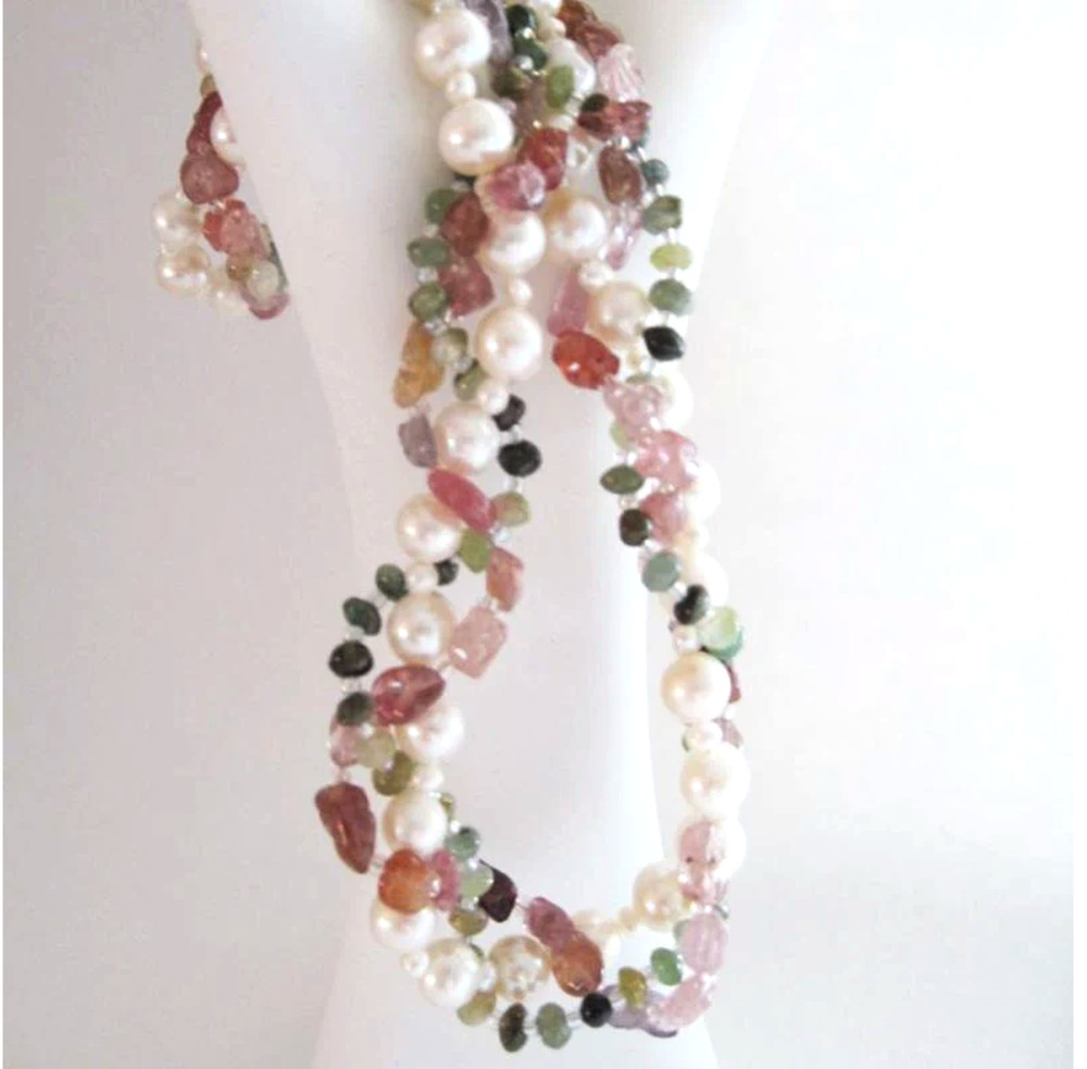 Handmade Freshwater Pearl Tourmaline Apatite Necklace Sterling Silver