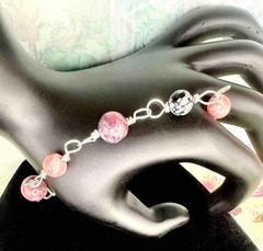 Sterling Silver Rhodochrosite Tourmaline Snowflake Obsidian Gemstone Bracelet