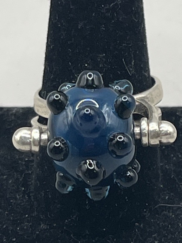 Sterling Silver 925 Double Ring Blue Lampwork Glass Ring Handmade Size 11