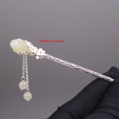 Solid 925 Sterling Silver Hairpin White Jade Flower Chinese Hair Pin 6.53inch L