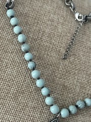 Vintage Silver Amulet Pendant Blue Marble Beaded Necklace 16″ Hand Knotted VTG