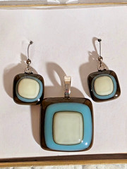 Fused Art Glass Pendent Silver Bail & Earrings Blue/Cream/Brown French Hook