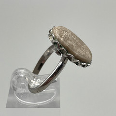 Natural Fossilized Coral Oval Stone Silver Tone Adjustable Handmade Ring