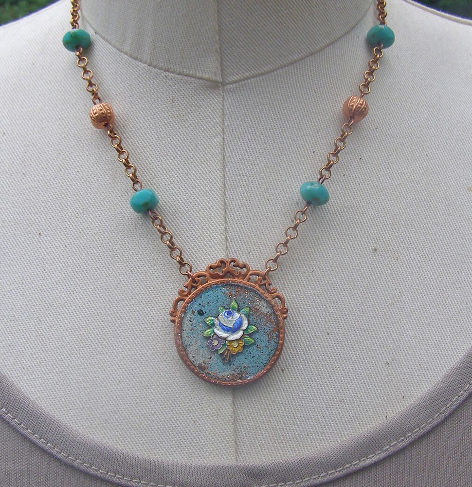 Vintage Enamel Flower Blue Green Copper Collage Necklace Rose Gold Color
