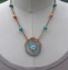 Vintage Enamel Flower Blue Green Copper Collage Necklace Rose Gold Color