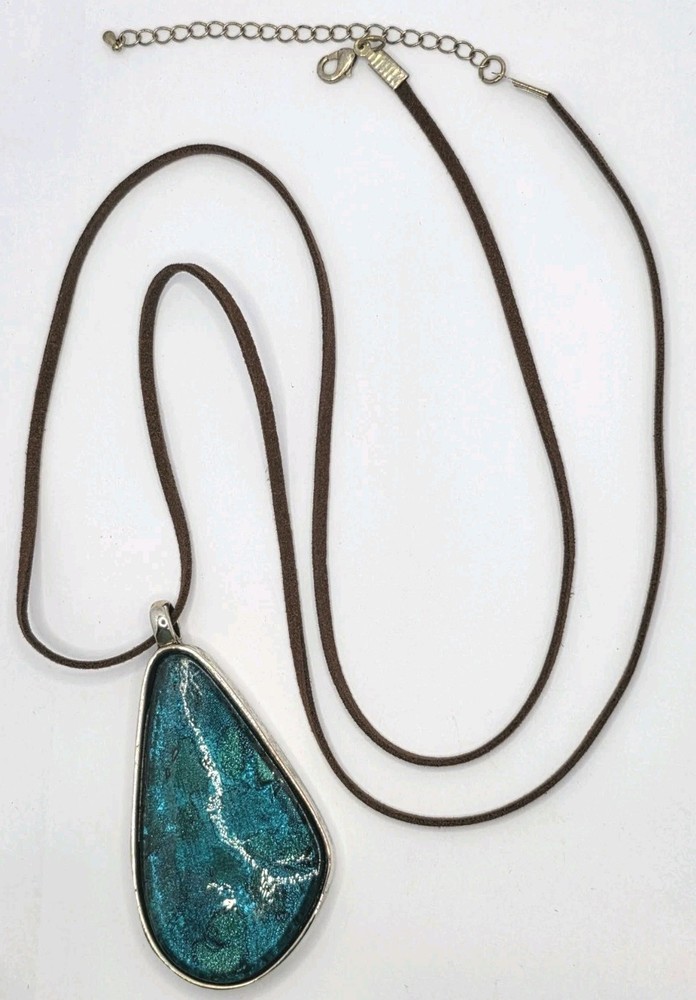 Artisan Blue Glass Bezel Set Teardrop Statement Pendant Necklace 34 Inches