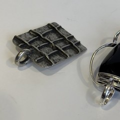 Artisan Pendants Mixed Wire-Wrapped Black Glass Cabochon & Textured Square Metal