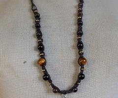 Tiger’s Eye Double Terminated Point Adjustable Hemp Necklace w Onyx Smoky Quartz