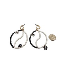 Pierced Earrings Black White Seed Beads Floral Motif Dangle Drop Statement