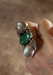 Royston Turquoise and Peach Moonstone 3 stone Ring/size 7.75/Artisan Handmade