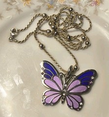 Silver Plated Purple Pink Enamel Butterfly Necklace Rope Chain Vtg Style