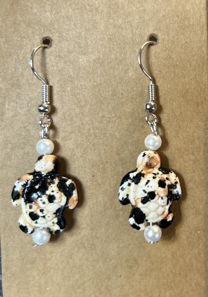 Black/white Silver Sea Turtle Earrings, Handmade