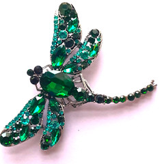 GREEN DRAGONFLY faceted RHINESTONEs in GIFT BOX Silver Tone #BRO5