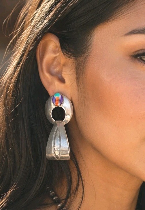 Native Amer. 925 Sterling Inlaid Stones Hand Crafted Statement Earrings Pierced