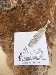 Turquoise Opal Feather Southwest Sterling Silver 925 Pendant Handcrafted NEW